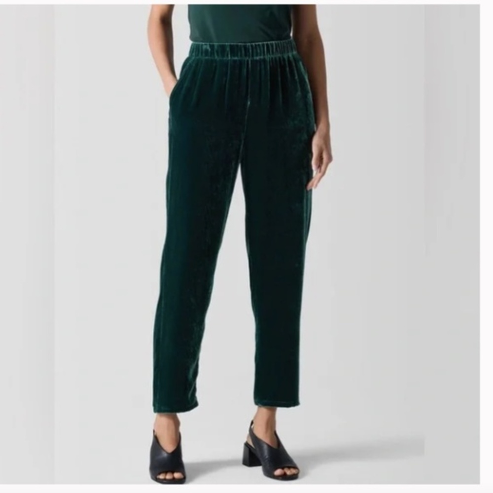 Eileen Fisher High Waist Green Velvet Taper Ankle Pants Pine Nwt - Picture 1 of 8